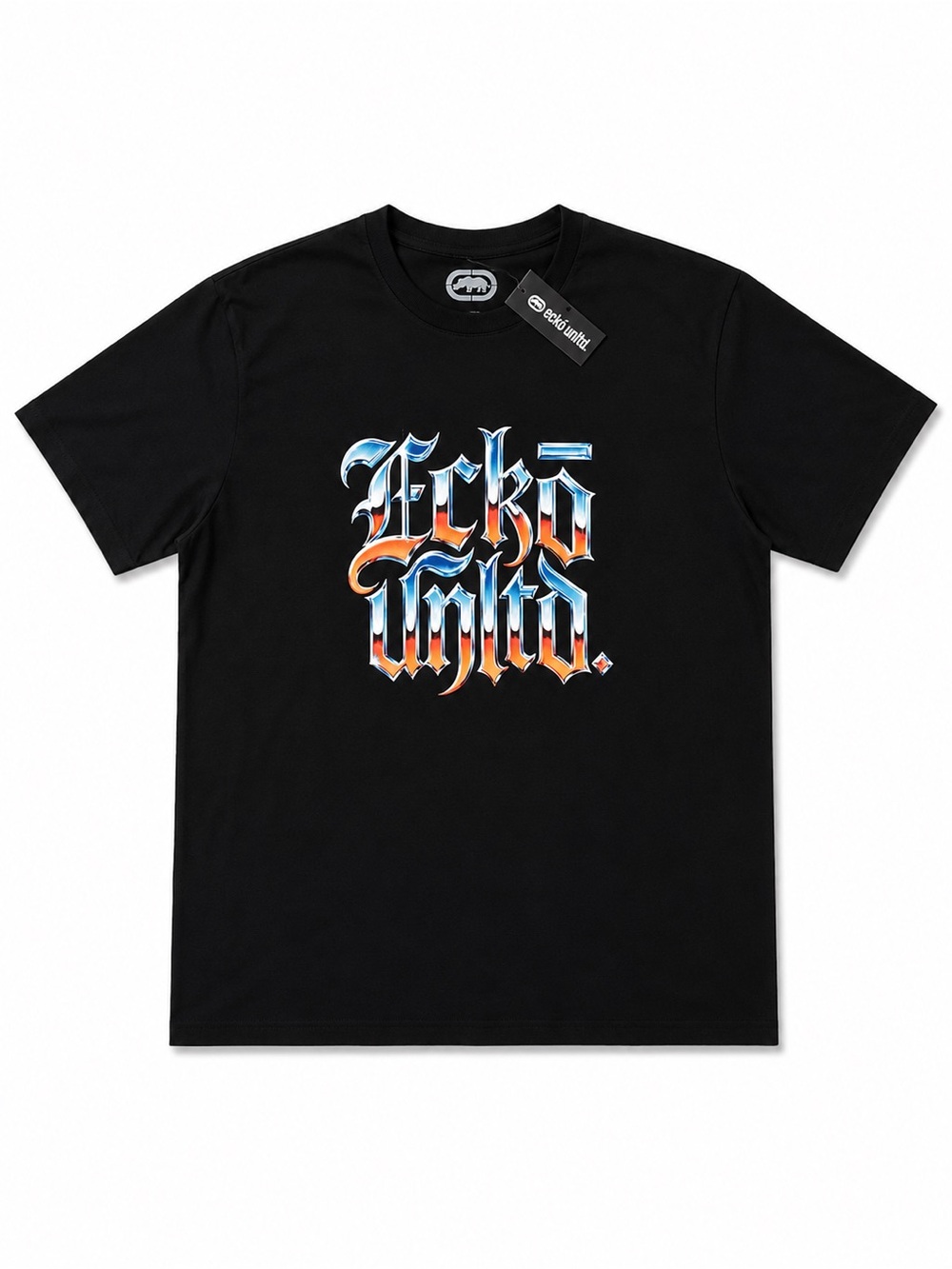 Ecko Unlimited Black Short-Sleeve Tee with Blue & Orange Gothic Logo